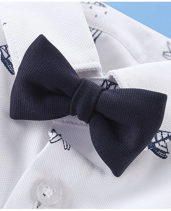 Babyhug Knit Full Sleeves Boat Print  Party Shirt & Trousers with Cap  Bow & Suspender - White & Navy Blue