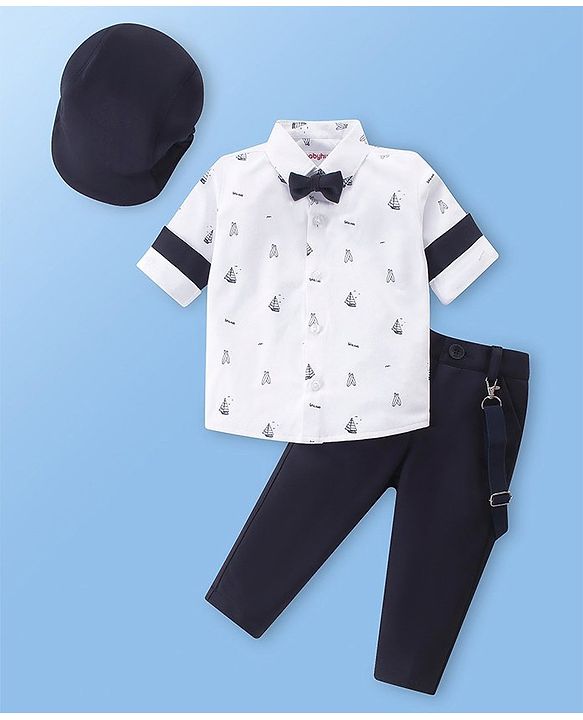 Babyhug Knit Full Sleeves Boat Print  Party Shirt & Trousers with Cap  Bow & Suspender - White & Navy Blue