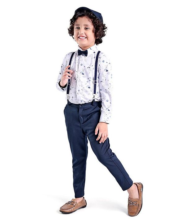 Babyhug Knit Full Sleeves Rainbow Print Party Shirt & Trousers with Cap Bow & Suspender - White & Black
