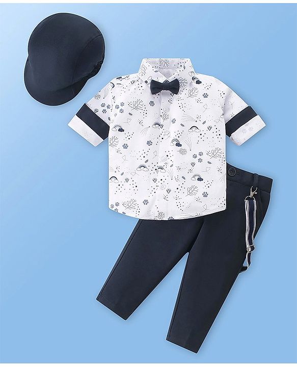 Babyhug Knit Full Sleeves Rainbow Print Party Shirt & Trousers with Cap Bow & Suspender - White & Black