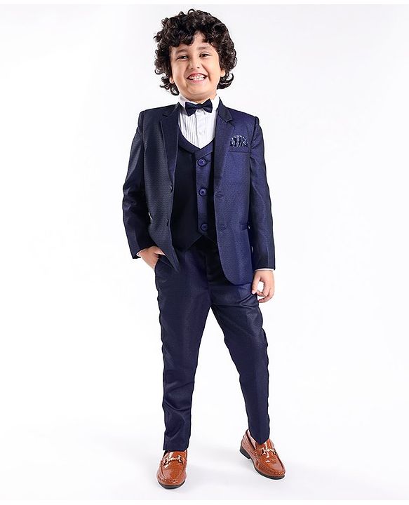 Babyhug Full Sleeves Solid Color Party Suit With Waistcoat & Bow -Navy Blue