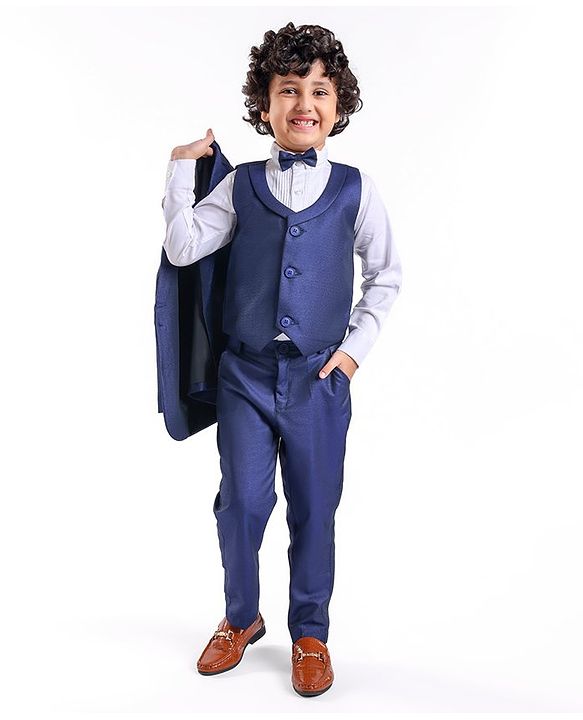 Babyhug Full Sleeves Solid Color Party Suit With Waistcoat & Bow -Navy Blue