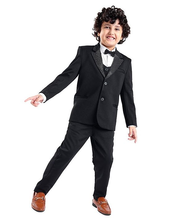 Babyhug Party Wear Full Sleeves Embellished Party Suit With Waistcoat & Bow - Black & White