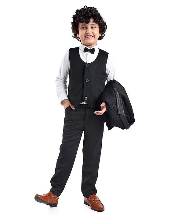 Babyhug Party Wear Full Sleeves Embellished Party Suit With Waistcoat & Bow - Black & White