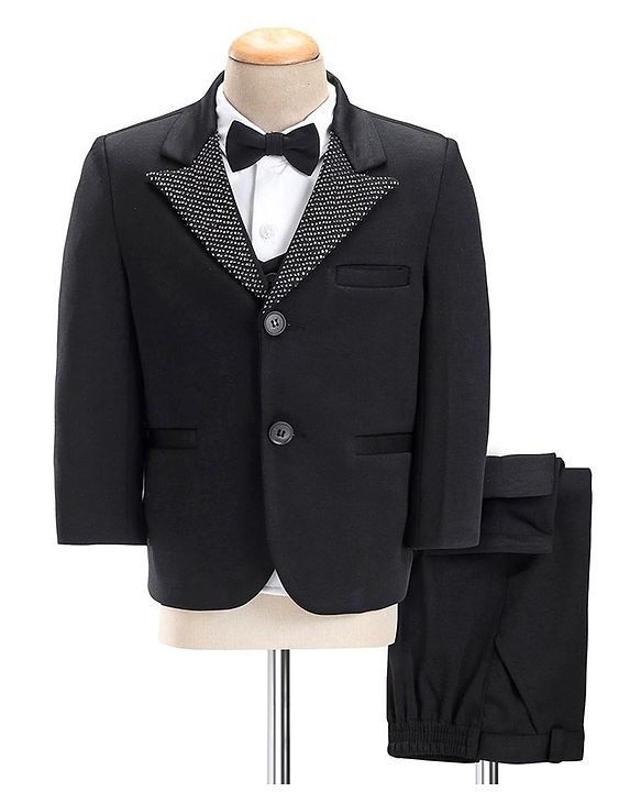 Babyhug Party Wear Full Sleeves Embellished Party Suit With Waistcoat & Bow - Black & White