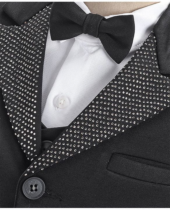 Babyhug Party Wear Full Sleeves Embellished Party Suit With Waistcoat & Bow - Black & White