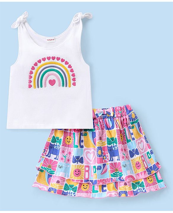 Babyhug Single Jersey Knit Sleeveless Top & Skirt Set Rainbow Embroidery & Floral Print - Pink & Multicolor