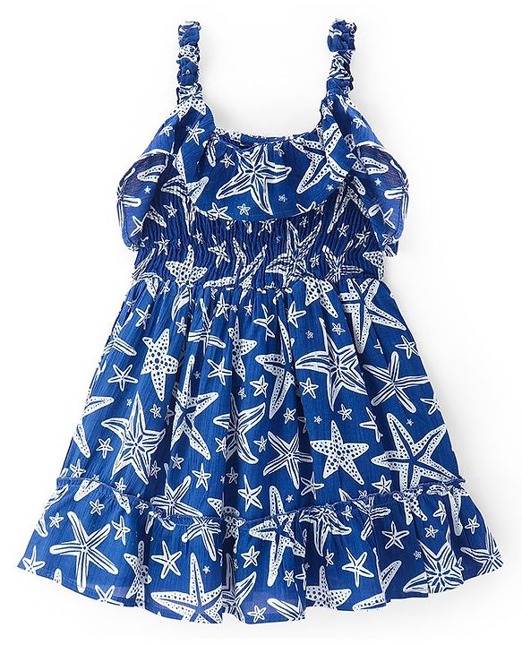 Pine Kids Viscose Woven Sleeveless Frock with Frill & Smocking Detailing Starfish Print - Navy Blue