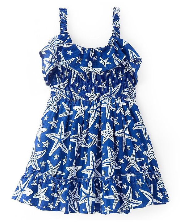 Pine Kids Viscose Woven Sleeveless Frock with Frill & Smocking Detailing Starfish Print - Navy Blue