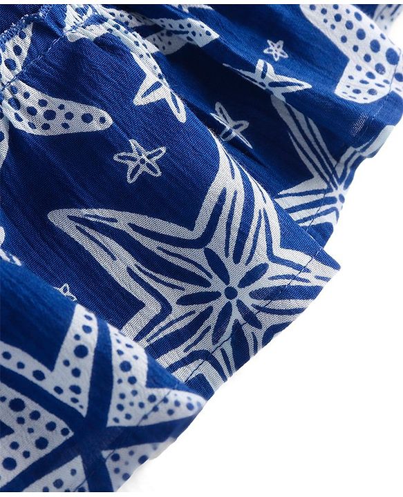 Pine Kids Viscose Woven Sleeveless Frock with Frill & Smocking Detailing Starfish Print - Navy Blue
