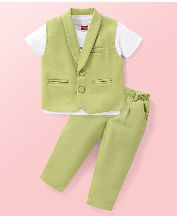 Babyhug Knit Half Sleeves Printed T-Shirt & Trouser With Waistcoat - Green