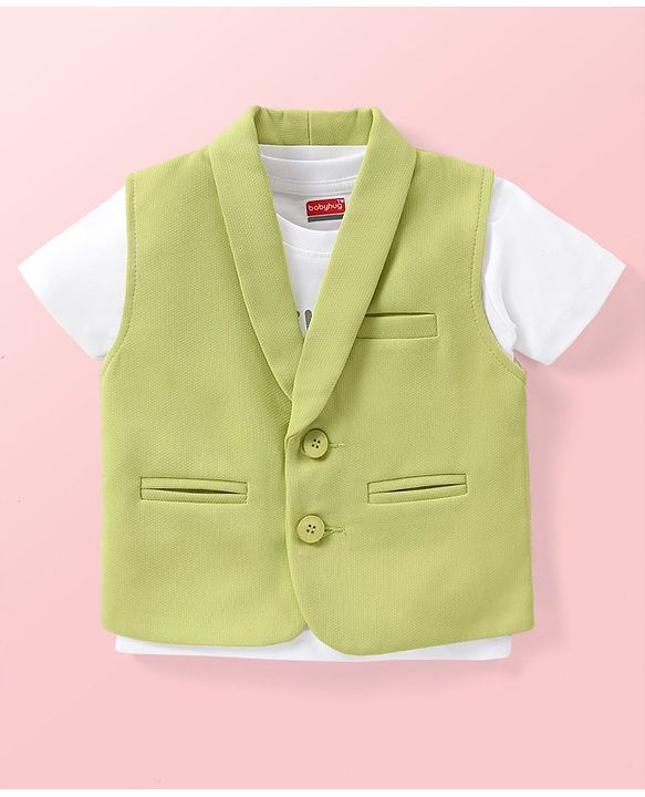 Babyhug Knit Half Sleeves Printed T-Shirt & Trouser With Waistcoat - Green