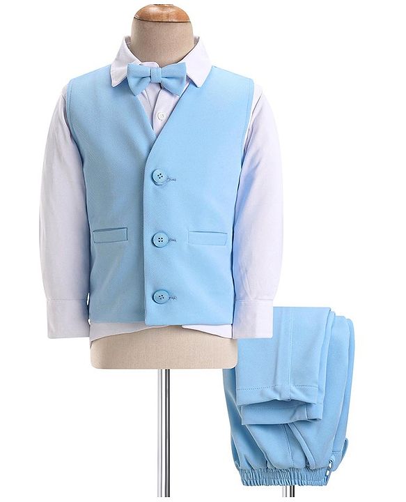 Babyhug Knitted Solid Colour Waistcoat Set With Full Sleeves Shirt- Sky Blue