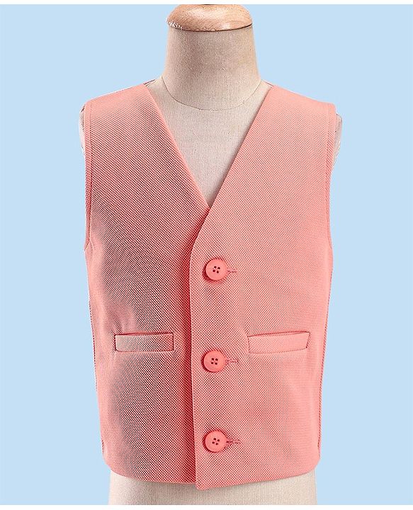 Babyhug Party Wear Knitted Solid Colour Waistcoat Set With Full Sleeves Shirt- Peach