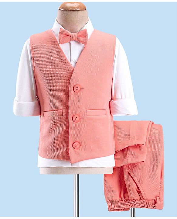 Babyhug Party Wear Knitted Solid Colour Waistcoat Set With Full Sleeves Shirt- Peach