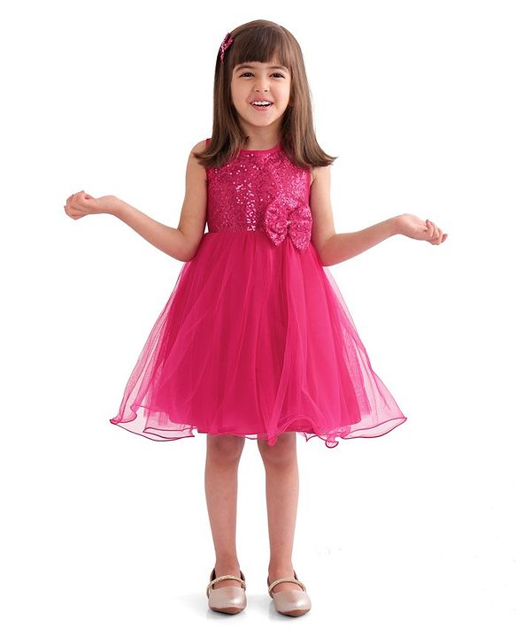 Babyhug Woven  Sleeveless Party Wear Fit and Flare Sequinned Dress with Bow Applique - Red