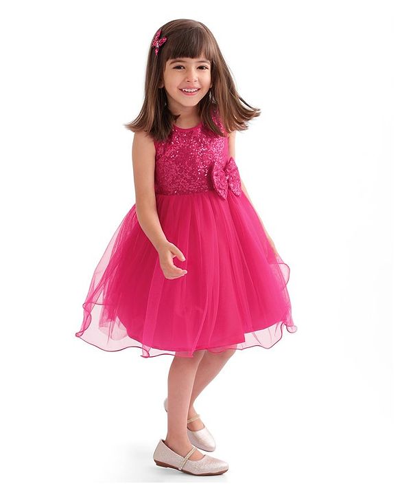 Babyhug Woven  Sleeveless Party Wear Fit and Flare Sequinned Dress with Bow Applique - Red