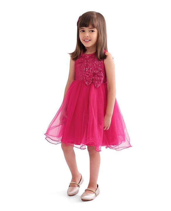 Babyhug Woven  Sleeveless Party Wear Fit and Flare Sequinned Dress with Bow Applique - Red