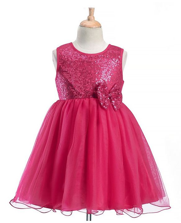 Babyhug Woven  Sleeveless Party Wear Fit and Flare Sequinned Dress with Bow Applique - Red