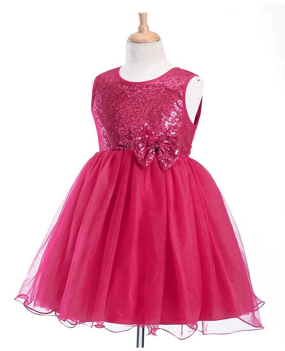 Babyhug Woven  Sleeveless Party Wear Fit and Flare Sequinned Dress with Bow Applique - Red
