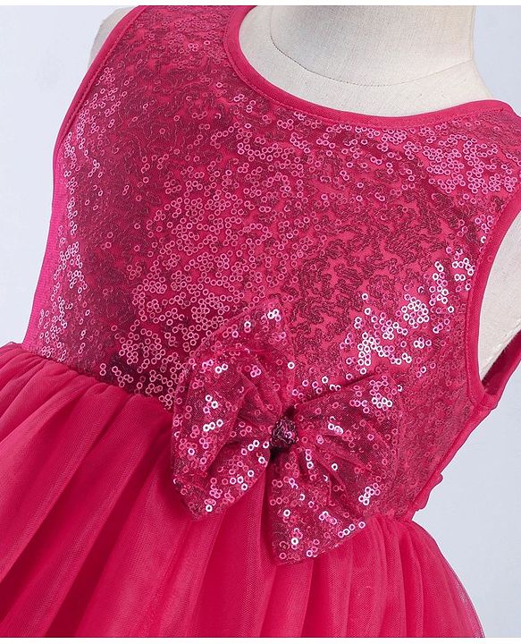 Babyhug Woven  Sleeveless Party Wear Fit and Flare Sequinned Dress with Bow Applique - Red