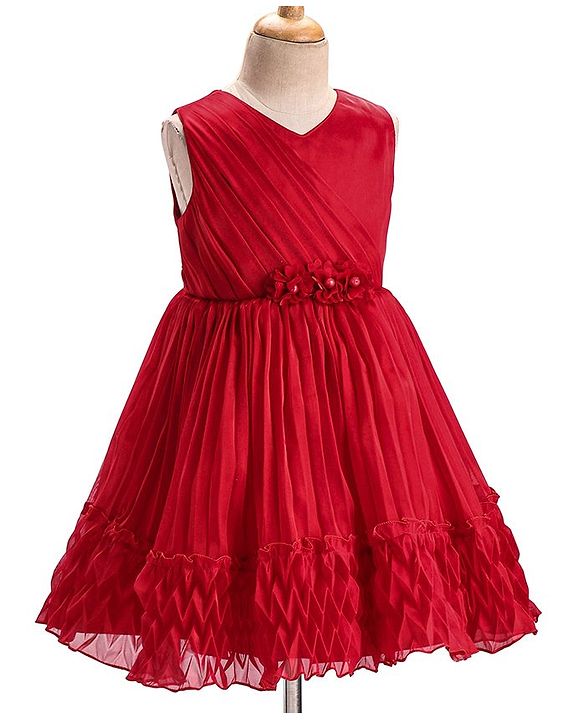 Babyhug Woven Sleeveless Fit and Flare Party Dress with Textured Fabric - Red