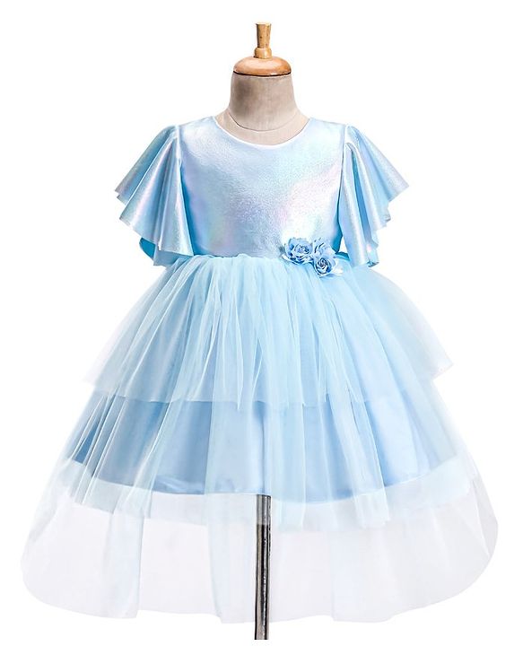 Babyhug Woven  Flared Sleeves Fit and Flare High Low Party Dress with Floral Corsage- Blue