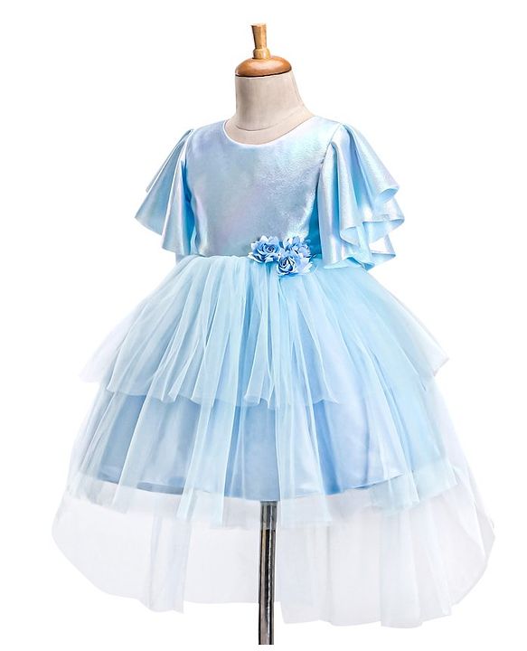 Babyhug Woven  Flared Sleeves Fit and Flare High Low Party Dress with Floral Corsage- Blue
