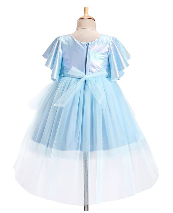 Babyhug Woven  Flared Sleeves Fit and Flare High Low Party Dress with Floral Corsage- Blue