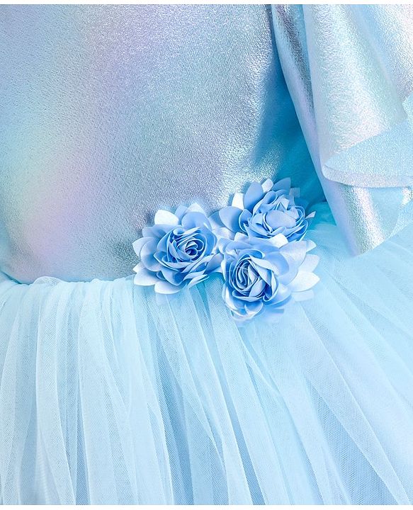 Babyhug Woven  Flared Sleeves Fit and Flare High Low Party Dress with Floral Corsage- Blue