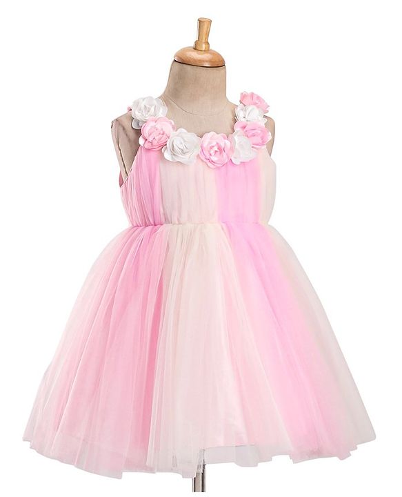Babyhug Sleeveless Party Frock with Floral Corsage - Pink
