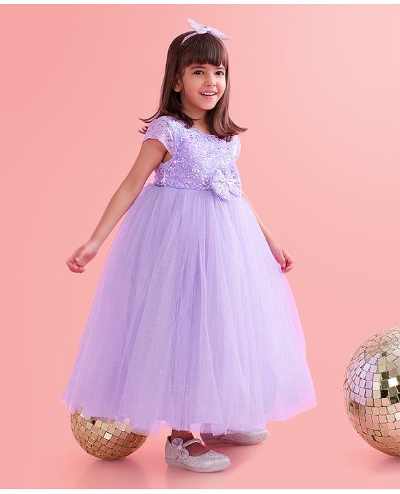 Babyhug Cap Sleeves Party Wear Gown With Lace Detail & Sequin Detailing - Lavender