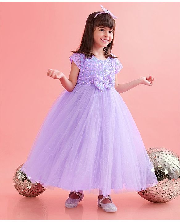 Babyhug Cap Sleeves Party Wear Gown With Lace Detail & Sequin Detailing - Lavender
