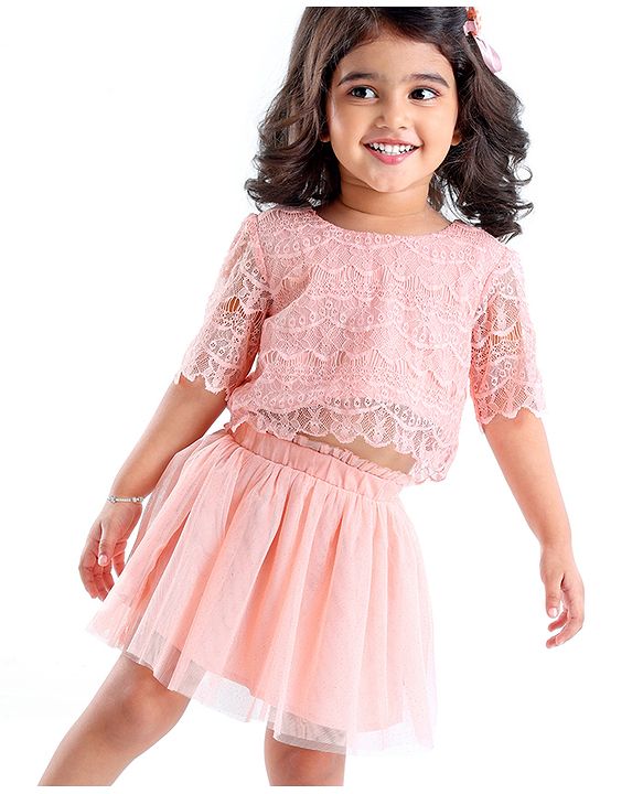 Babyhug Woven Three Fourth Sleeves Lace Detailing Top & Glittered Skirt - Peach