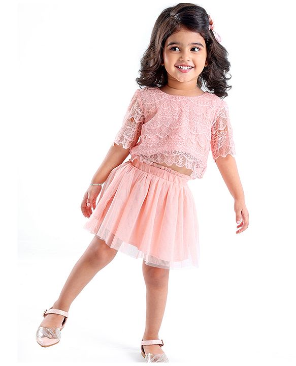Babyhug Woven Three Fourth Sleeves Lace Detailing Top & Glittered Skirt - Peach