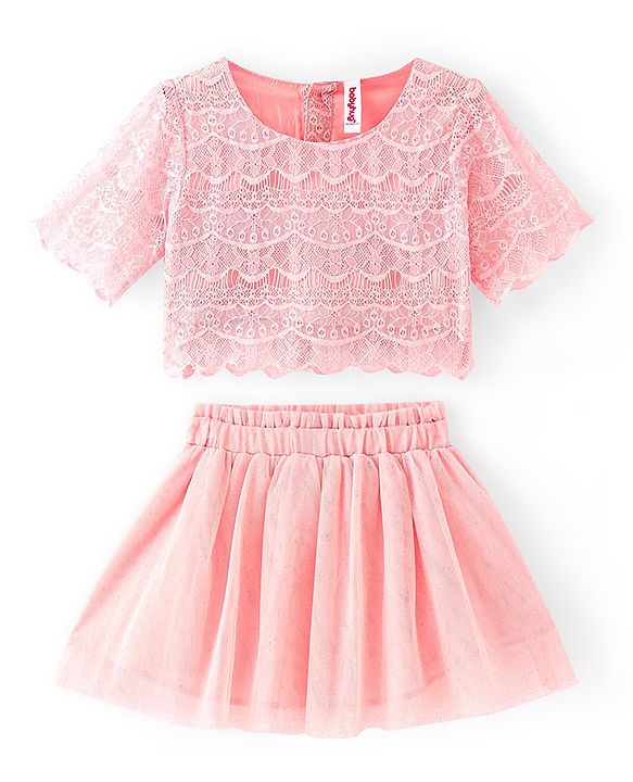 Babyhug Woven Three Fourth Sleeves Lace Detailing Top & Glittered Skirt - Peach