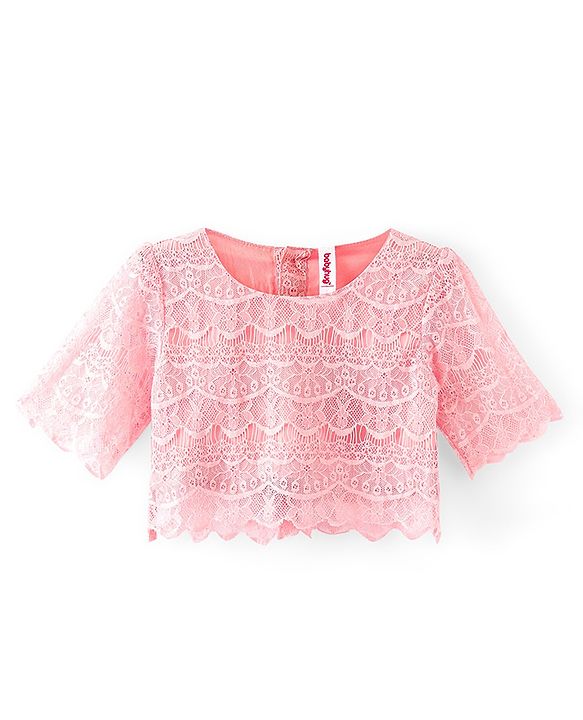 Babyhug Woven Three Fourth Sleeves Lace Detailing Top & Glittered Skirt - Peach