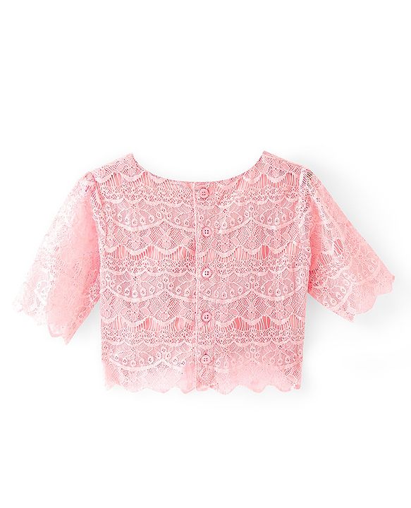 Babyhug Woven Three Fourth Sleeves Lace Detailing Top & Glittered Skirt - Peach