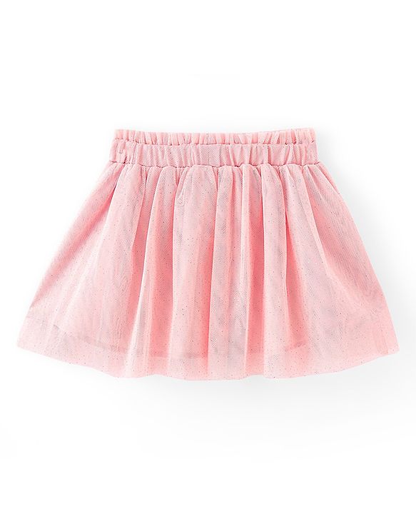 Babyhug Woven Three Fourth Sleeves Lace Detailing Top & Glittered Skirt - Peach