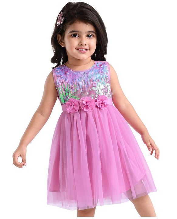 Babyhug Sleeveless Fit & Flared Party Frock with Sequin Detailing Floral Applique - Pink