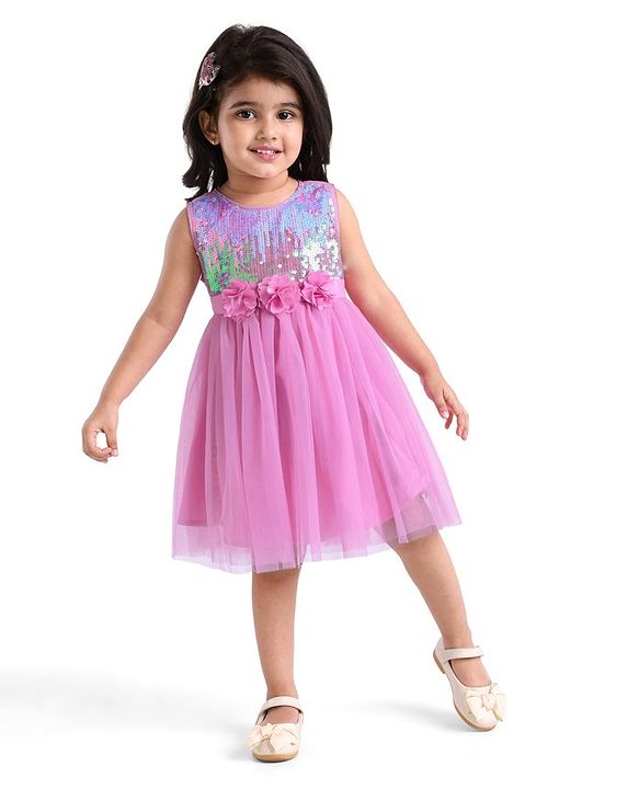 Babyhug Sleeveless Fit & Flared Party Frock with Sequin Detailing Floral Applique - Pink