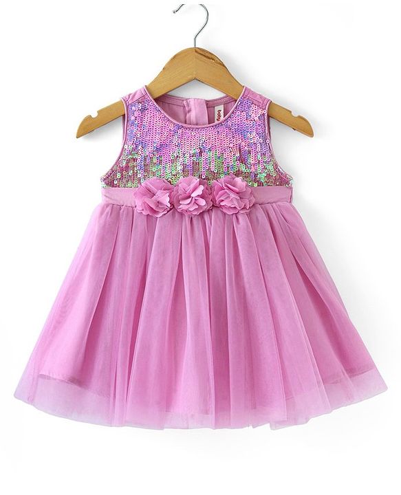 Babyhug Sleeveless Fit & Flared Party Frock with Sequin Detailing Floral Applique - Pink