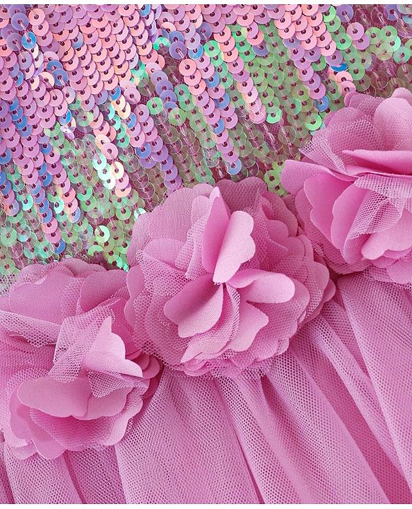 Babyhug Sleeveless Fit & Flared Party Frock with Sequin Detailing Floral Applique - Pink