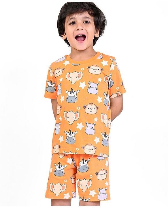 Babyhug Single Jersey Half Sleeves Night Suit Zebra Print - Orange