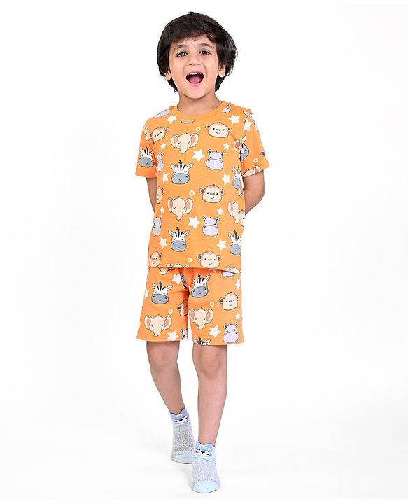 Babyhug Single Jersey Half Sleeves Night Suit Zebra Print - Orange