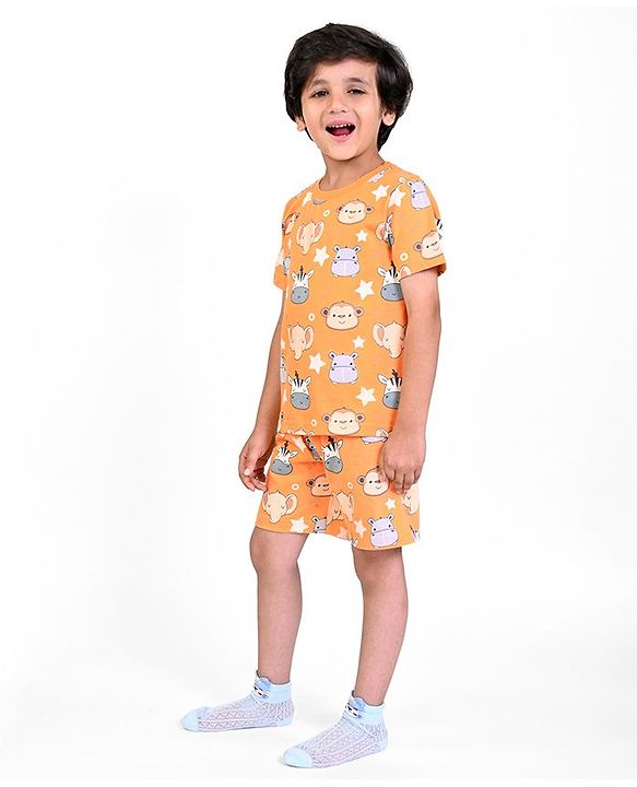 Babyhug Single Jersey Half Sleeves Night Suit Zebra Print - Orange