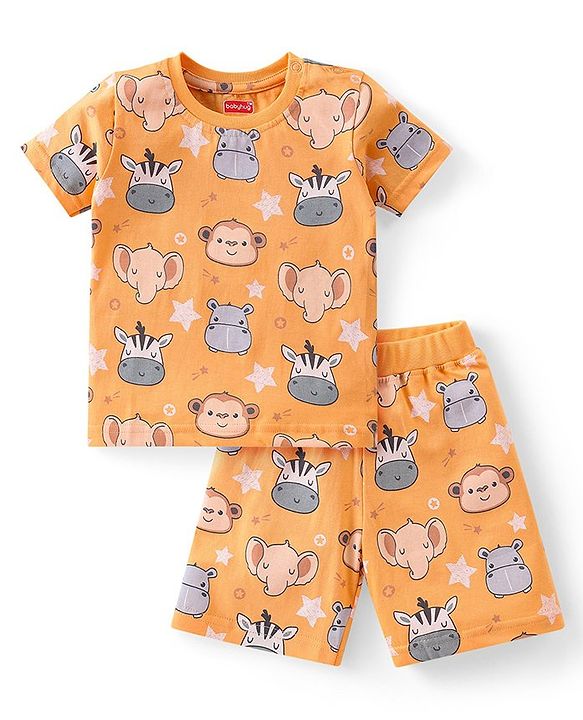 Babyhug Single Jersey Half Sleeves Night Suit Zebra Print - Orange