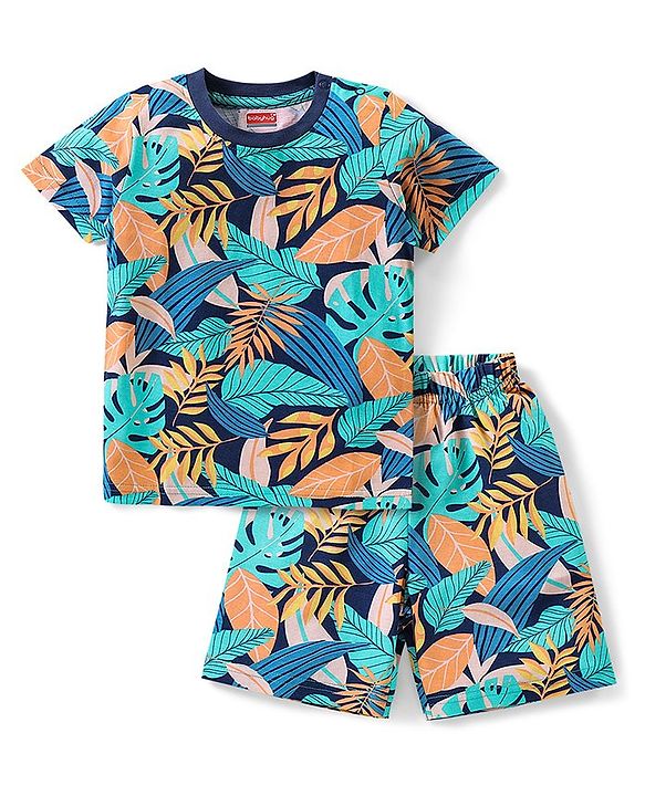Babyhug Cotton Knit Half Sleeves Night Suit With Tropical Theme - Blue