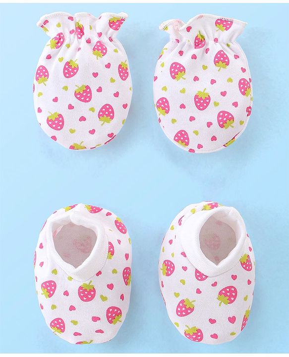 Babyhug 100% Cotton Mittens & Booties Set with Strawberry Print - White