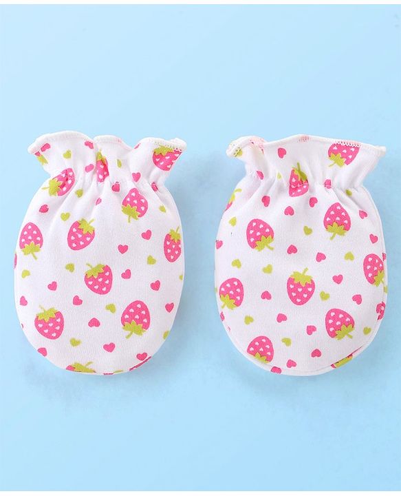 Babyhug 100% Cotton Mittens & Booties Set with Strawberry Print - White